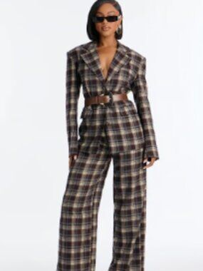 Plaid Blazer Belted Pant Set